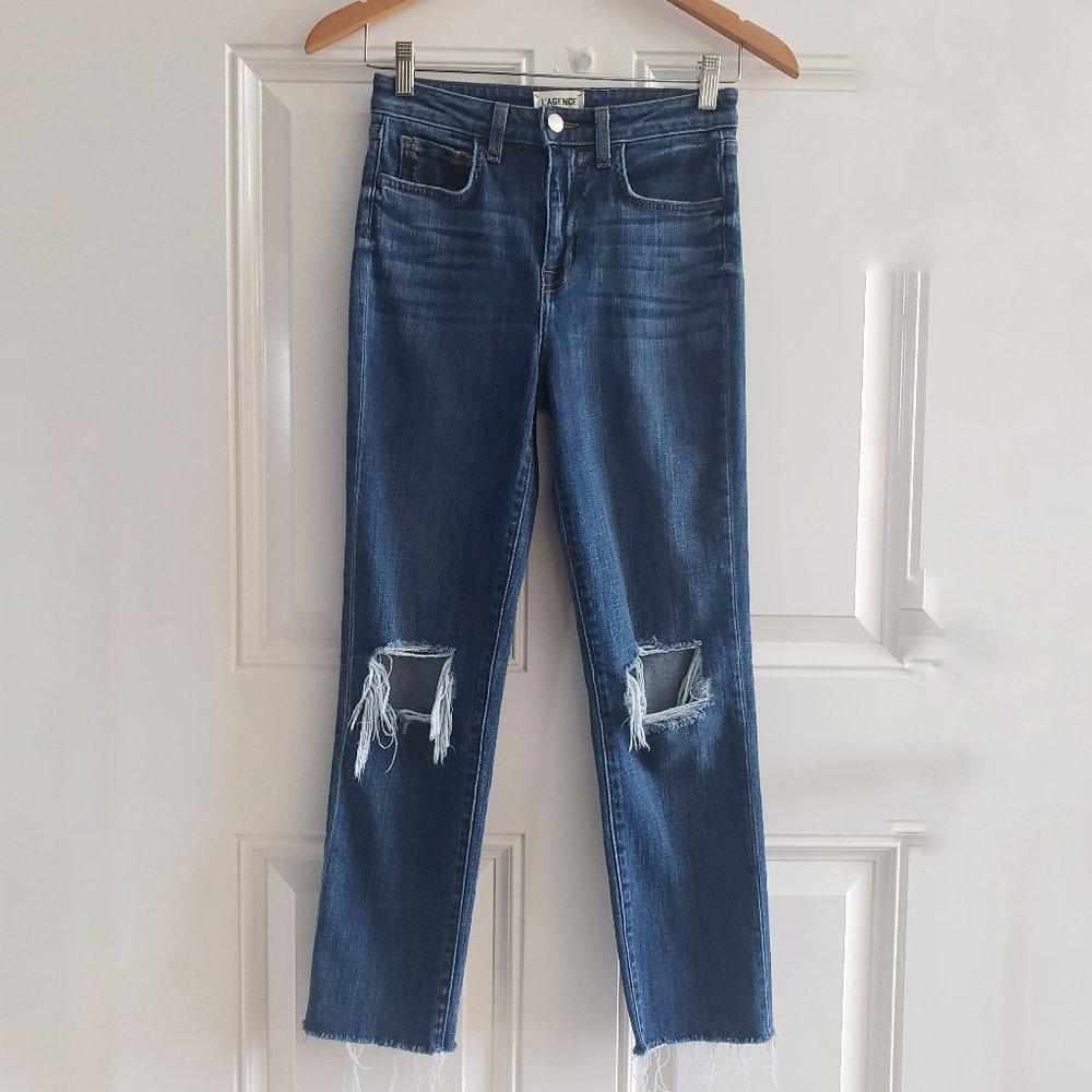 L'Agence Women's Audrina High-Rise Ripped Straight Jeans Stretch Raw Hem SZ 25
